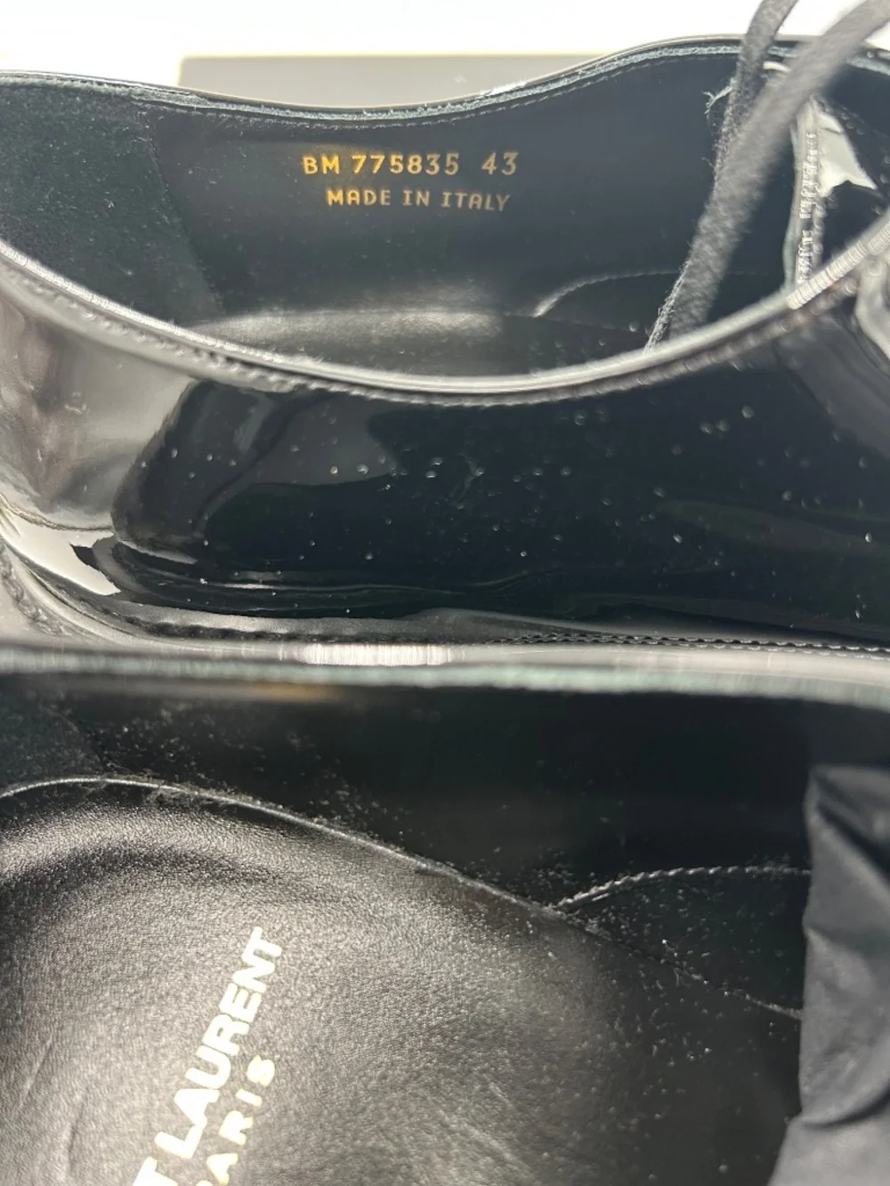 Men’s St. Laurent Black Patent Leather Derby Lace-Ups.  Size 43/10 US.